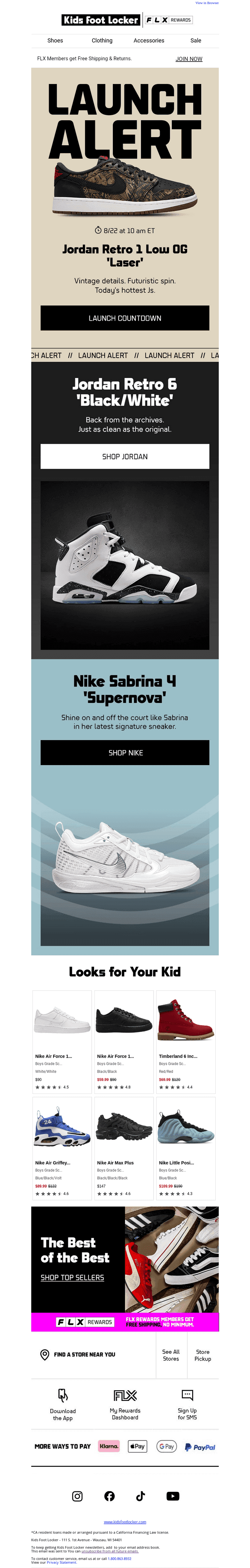 Kids Foot Locker email from Sun, Aug 16, 2026