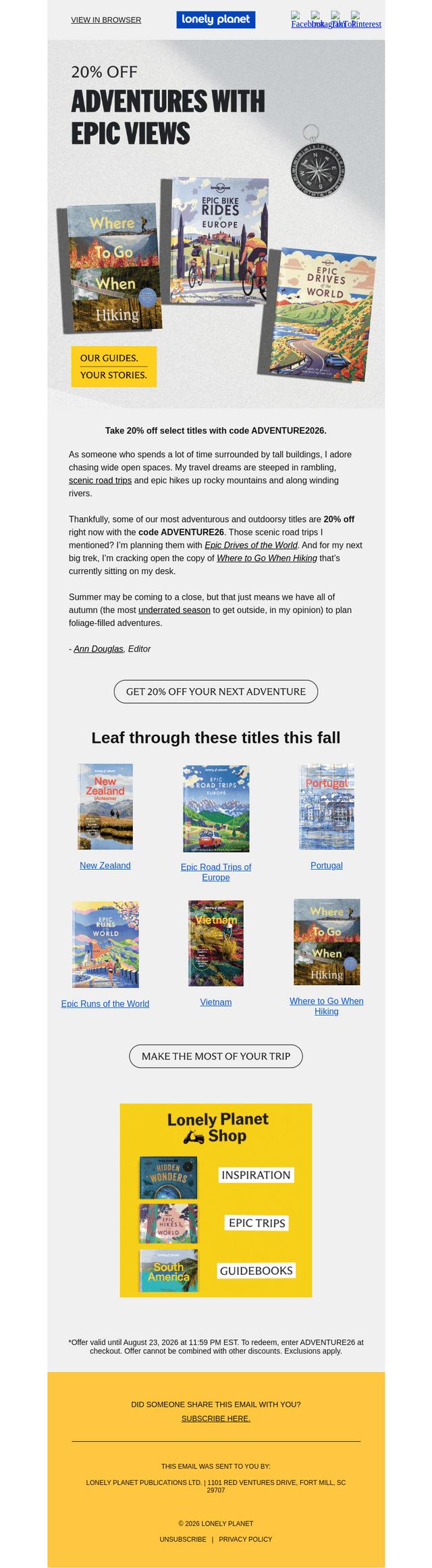 Lonely Planet email from Mon, Aug 17, 2026