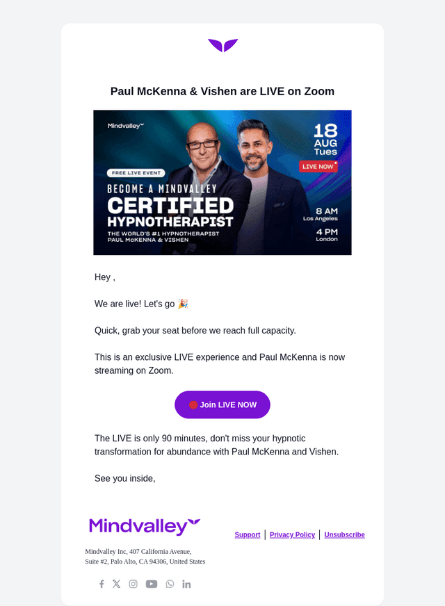 Mindvalley email from Tue, Aug 18, 2026