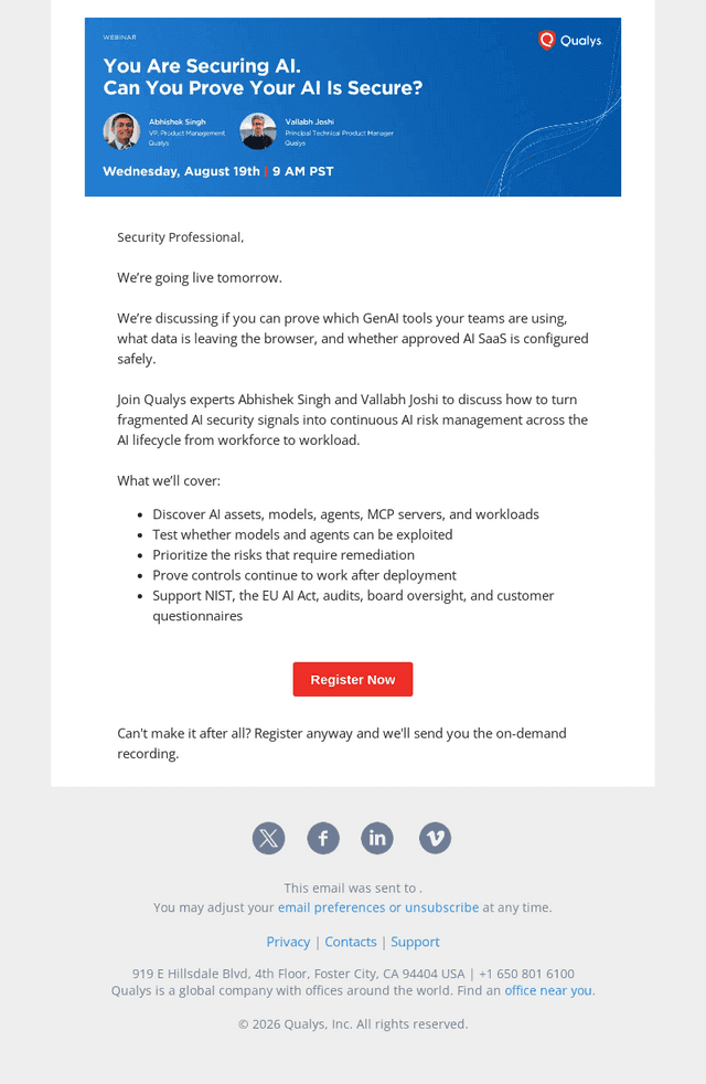 Qualys Webinar. We're live tomorrow.
