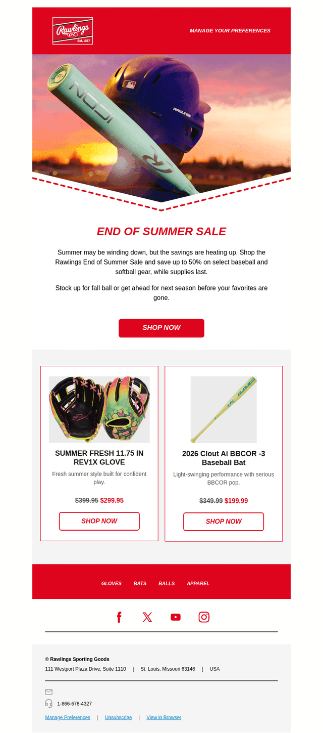 Rawlings Sporting Goods email from Tue, Aug 18, 2026