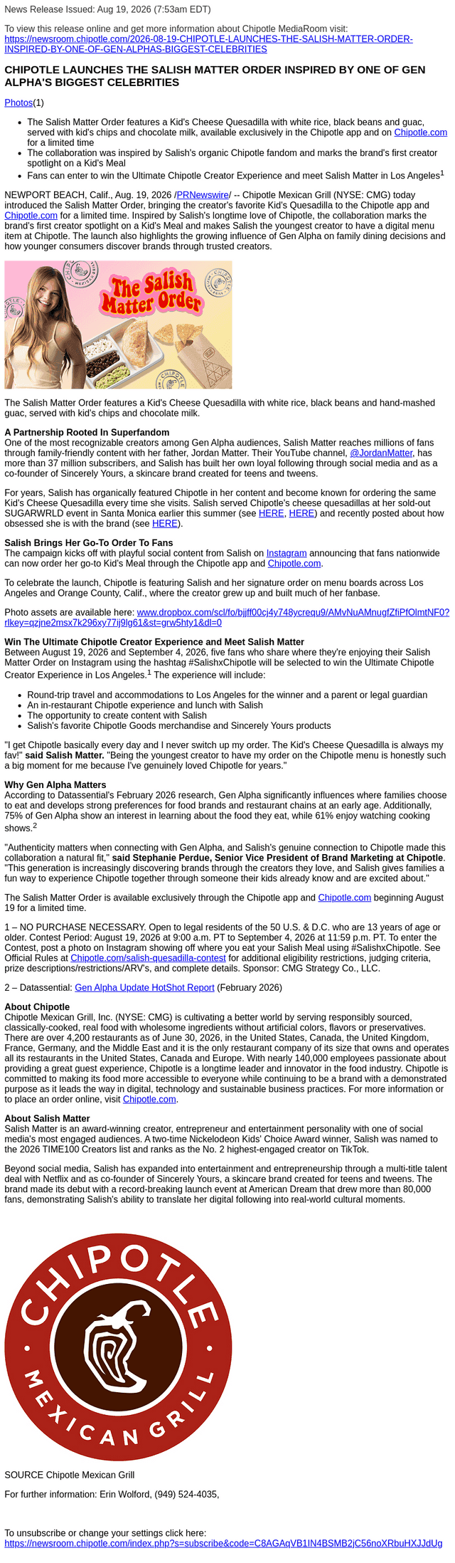 Chipotle Mexican Grill email from Wed, Aug 19, 2026