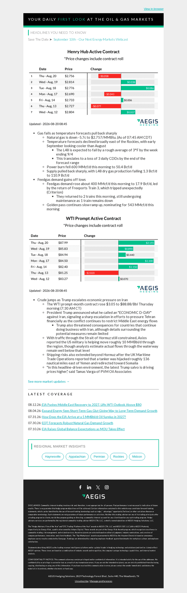 AEGIS Hedging email from Thu, Aug 20, 2026