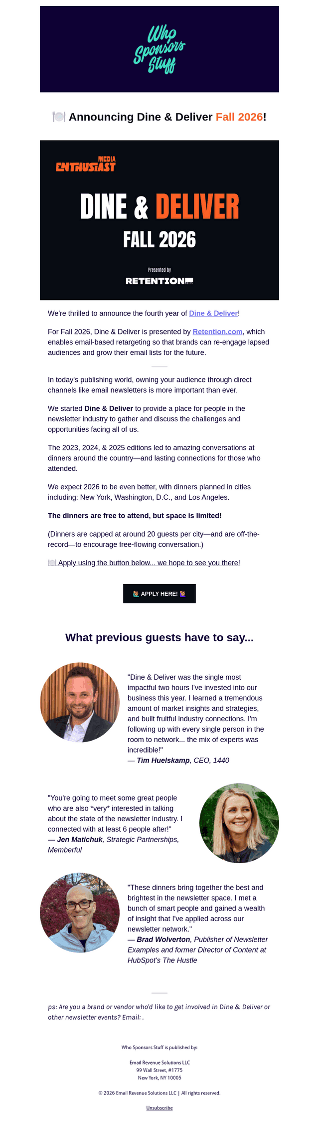 Who Sponsors Stuff email from Mon, Aug 24, 2026