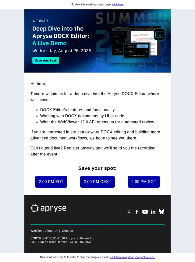 Apryse email from Tue, Aug 25, 2026