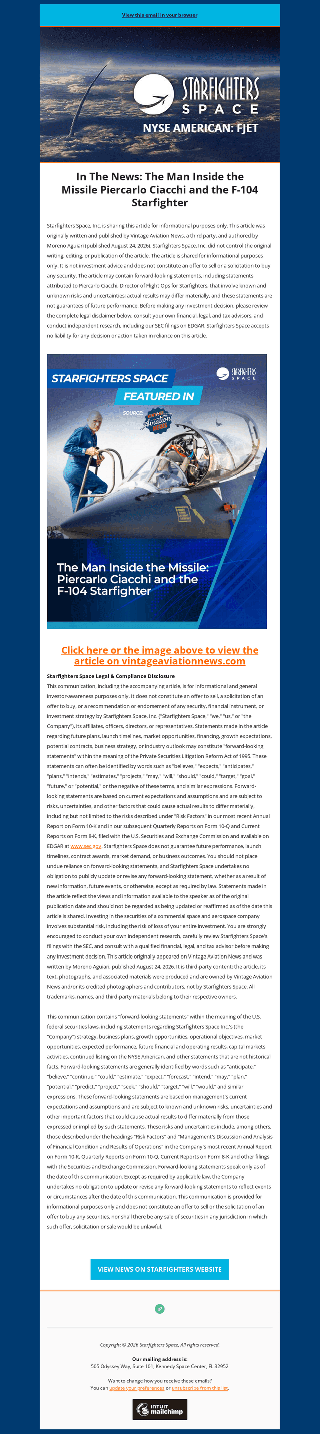 Starfighters Space email from Tue, Aug 25, 2026
