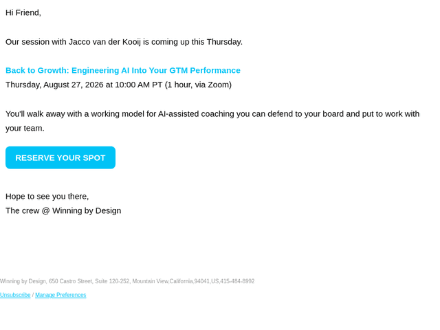 Winning by Design email from Tue, Aug 25, 2026