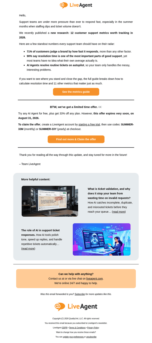 LiveAgent email from Tue, Aug 25, 2026