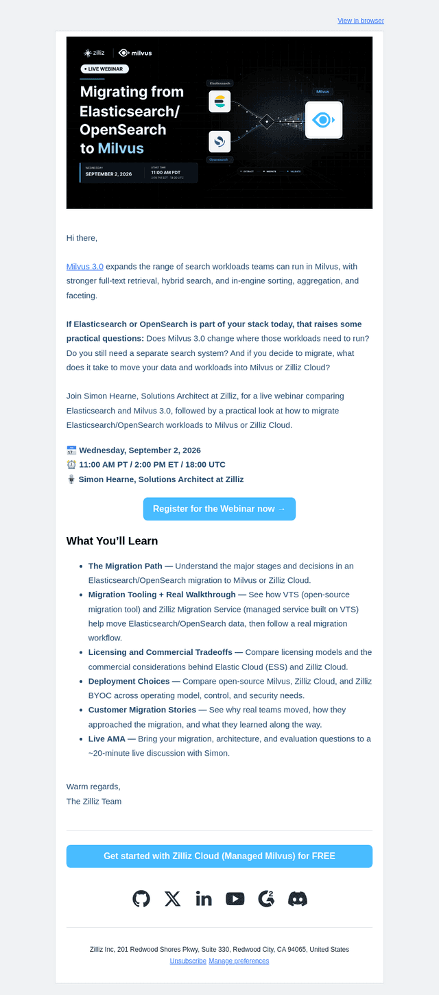 Zilliz email from Thu, Aug 27, 2026