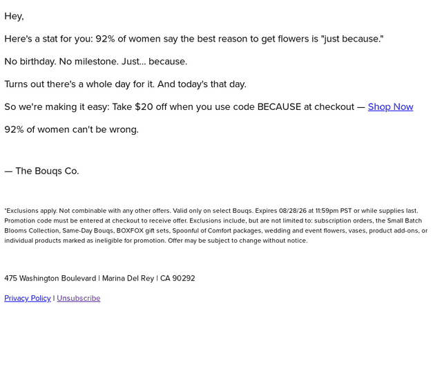 The Bouqs Co. email from Fri, Aug 28, 2026