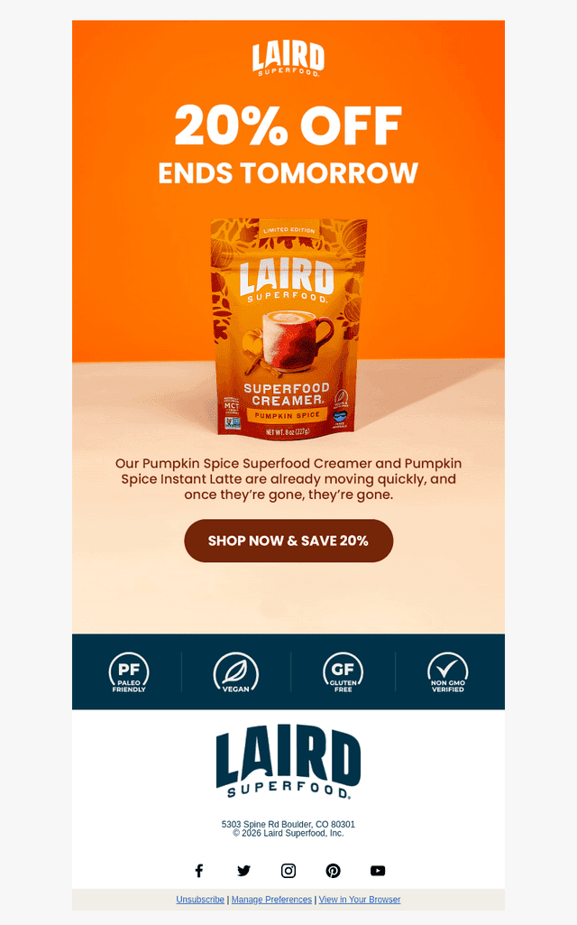 Laird Superfood email from Fri, Aug 28, 2026
