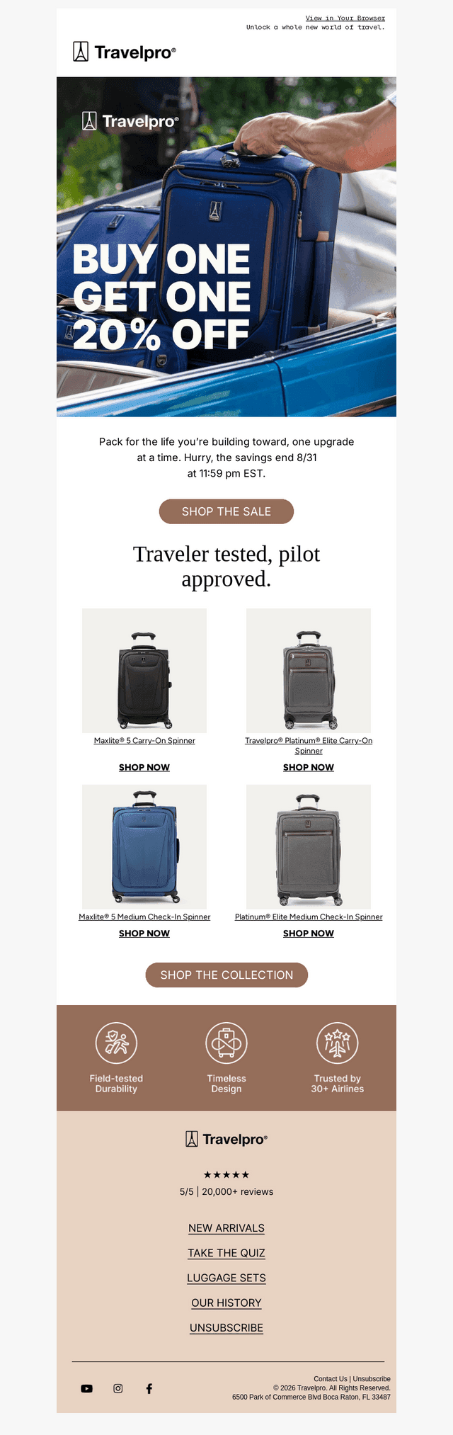 Travelpro Products email from Sun, Aug 30, 2026
