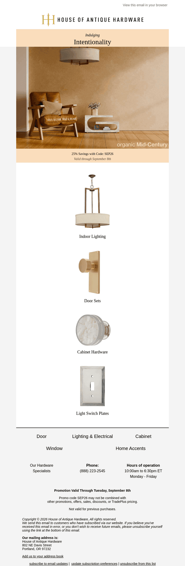 House of Antique Hardware email from Mon, Aug 31, 2026