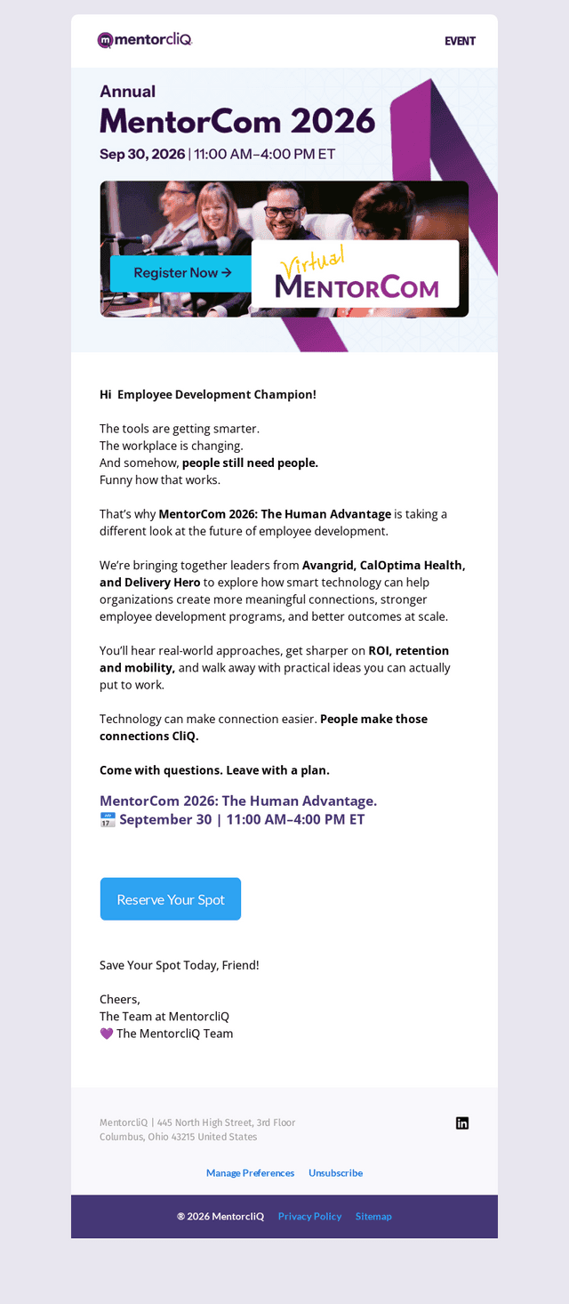 MentorcliQ email from Mon, Aug 31, 2026