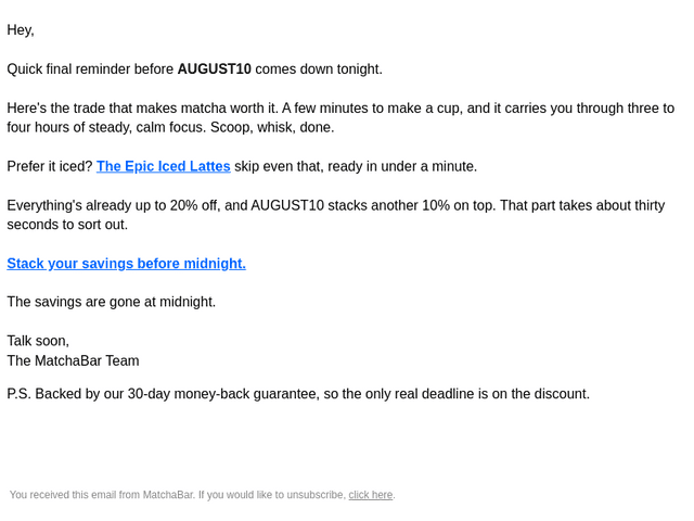 MatchaBar email from Mon, Aug 31, 2026