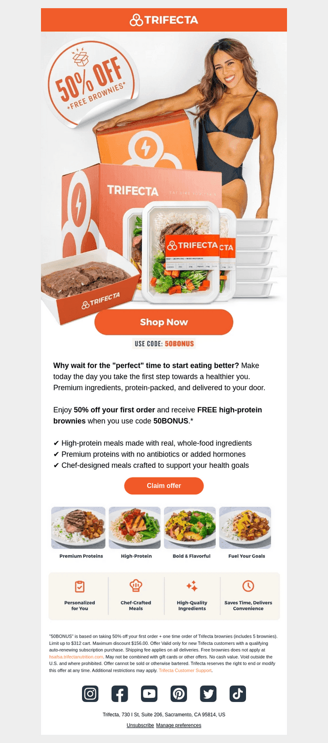 Free high-protein brownies + 50% off!