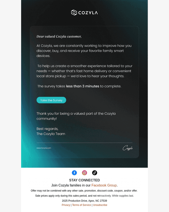 Cozyla email from Tue, Sep 1, 2026