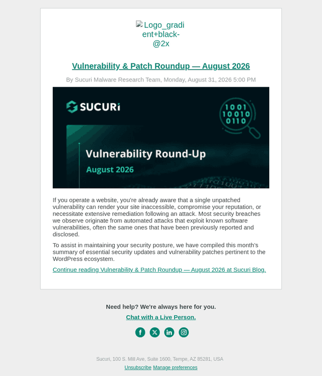 Sucuri email from Tue, Sep 1, 2026