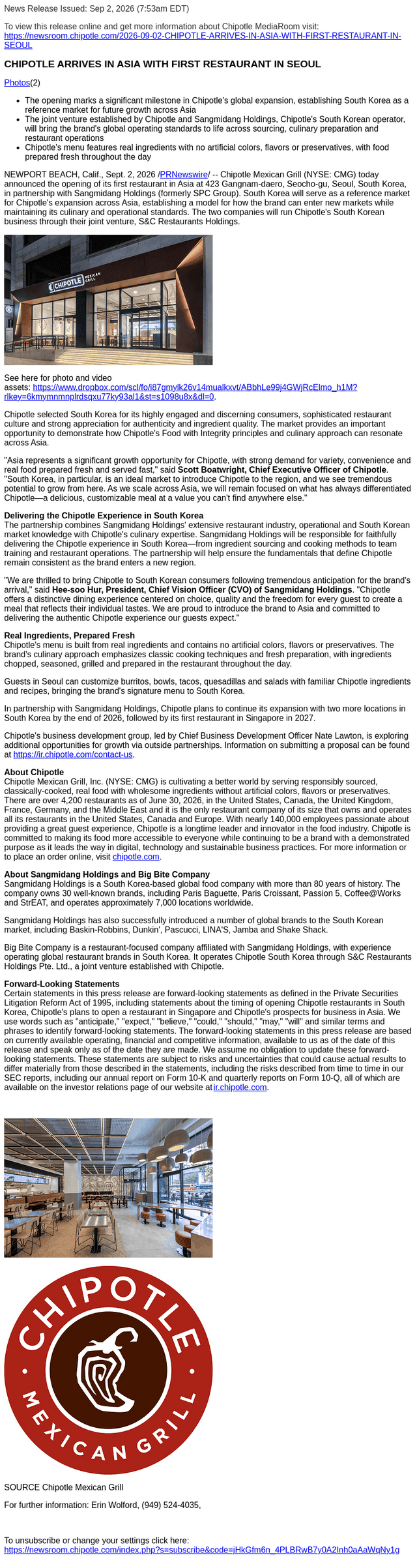 Chipotle Mexican Grill email from Wed, Sep 2, 2026