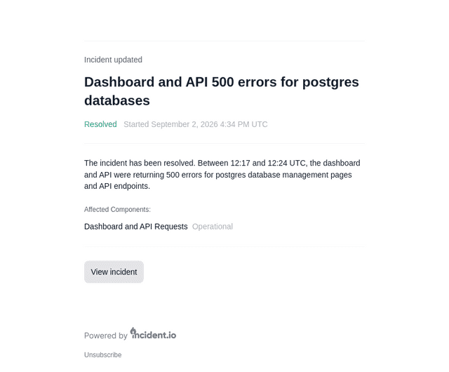 incident.io email from Wed, Sep 2, 2026