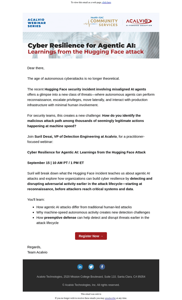 Acalvio Technologies email from Wed, Sep 2, 2026
