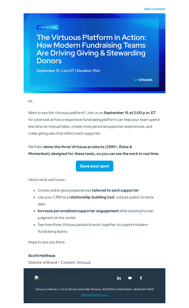 Virtuous Software email from Thu, Sep 3, 2026