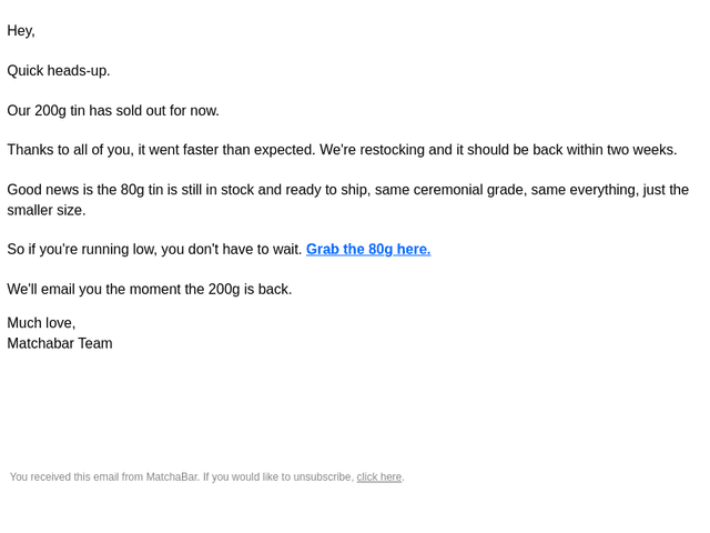 MatchaBar email from Fri, Sep 4, 2026
