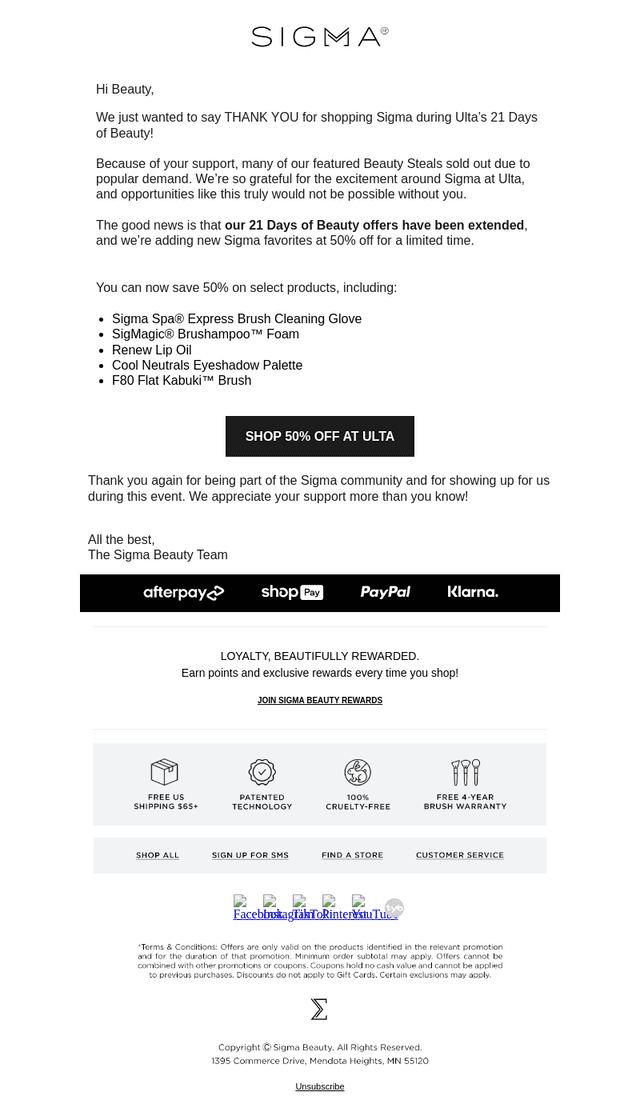 Sigma Beauty email from Fri, Sep 4, 2026