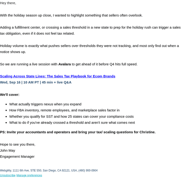 Webgility email from Fri, Sep 4, 2026