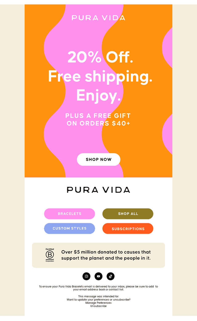 Pura Vida Bracelets email from Sat, Sep 5, 2026