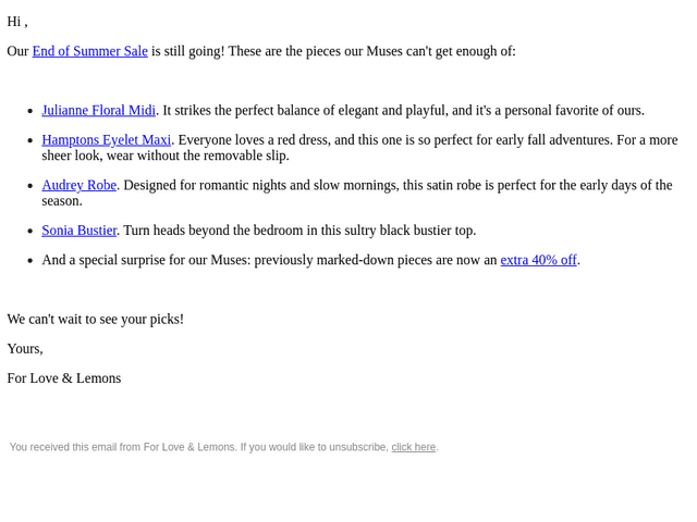 For Love & Lemons email from Sat, Sep 5, 2026