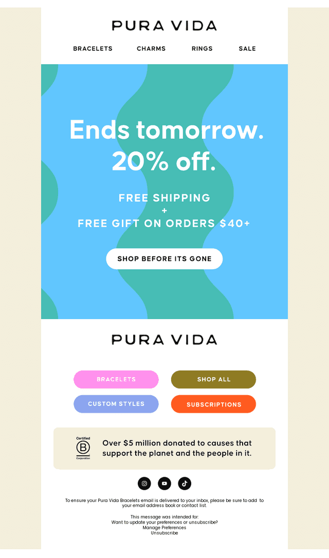 Pura Vida Bracelets email from Sun, Sep 6, 2026