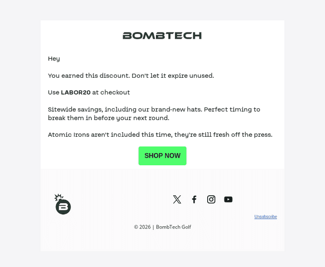 BombTech Golf email from Sun, Sep 6, 2026