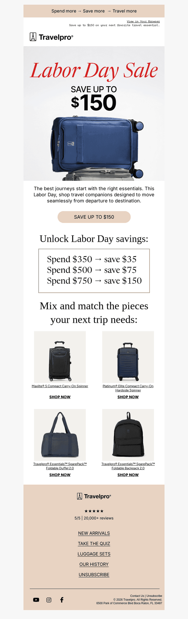Travelpro Products email from Mon, Sep 7, 2026