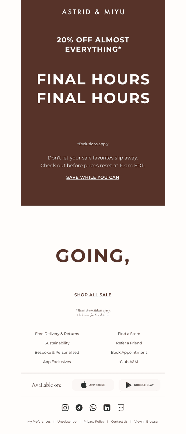 FINAL HOURS for 20% Off Almost Everything