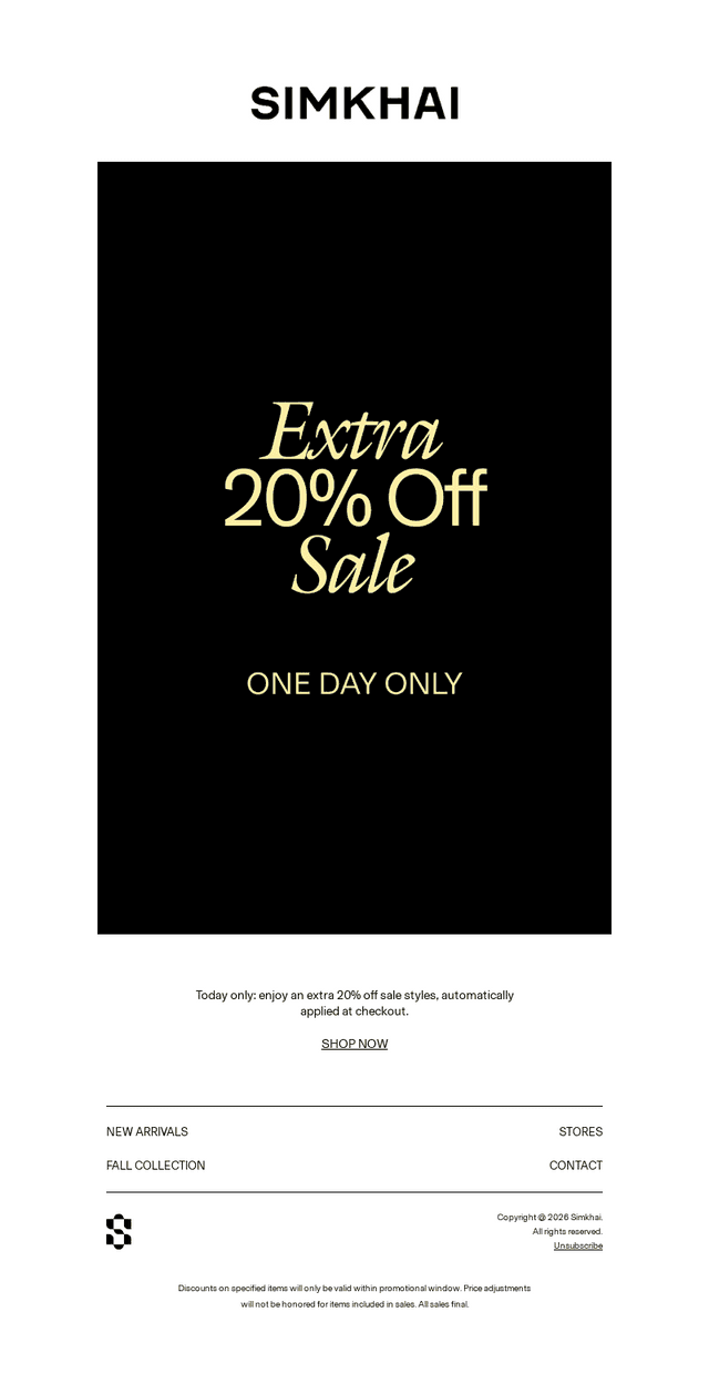 ONE DAY ONLY: EXTRA 20% OFF SALE