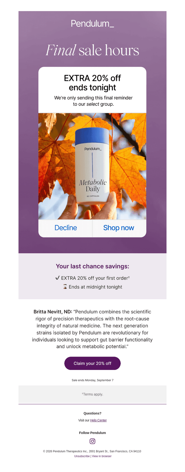 Pendulum Therapeutics email from Mon, Sep 7, 2026