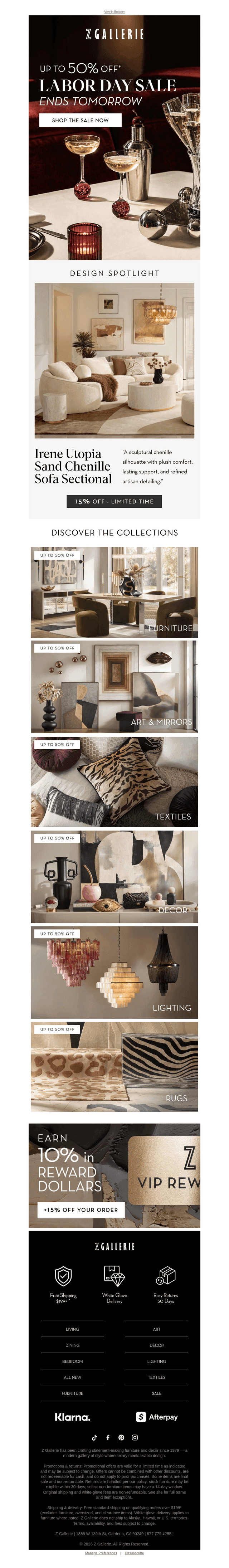 Z Gallerie email from Mon, Sep 7, 2026