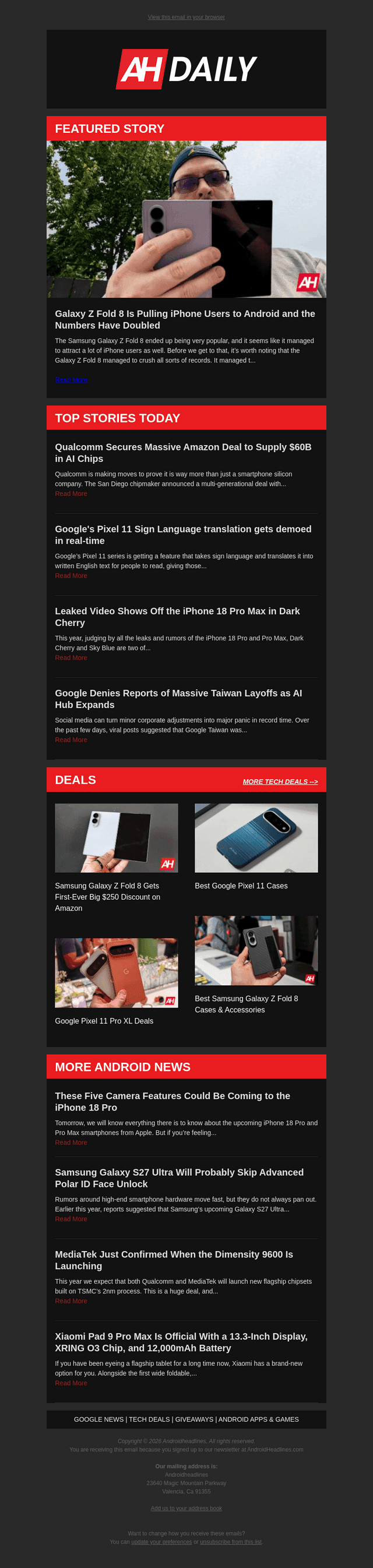 Android Headlines email from Tue, Sep 8, 2026
