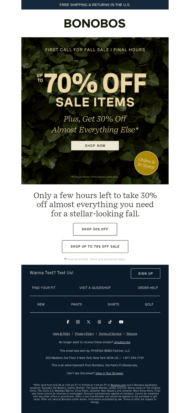 Bonobos email from Wed, Sep 9, 2026
