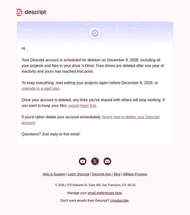 Your Descript account is scheduled for deletion