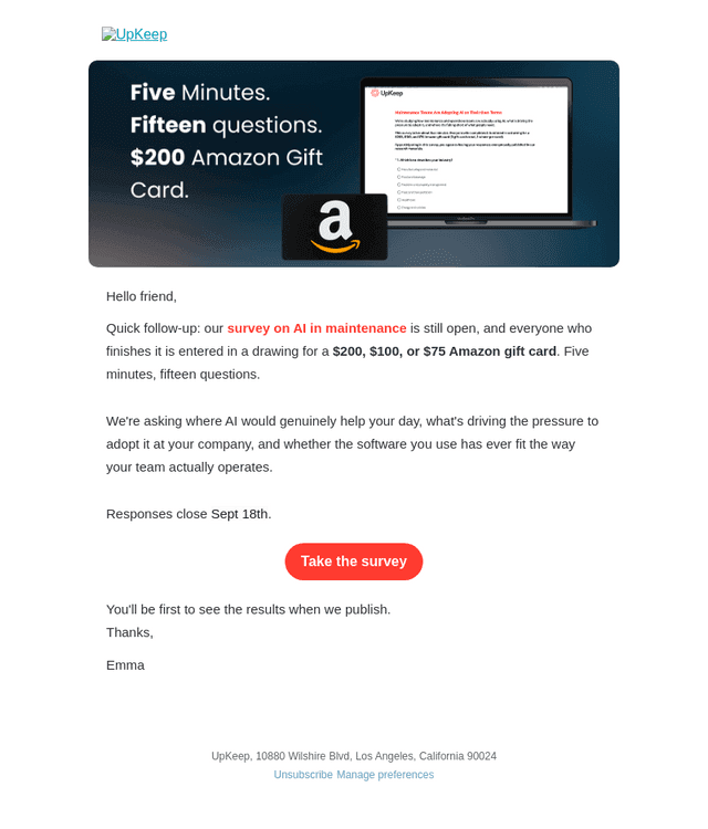 UpKeep email from Thu, Sep 10, 2026