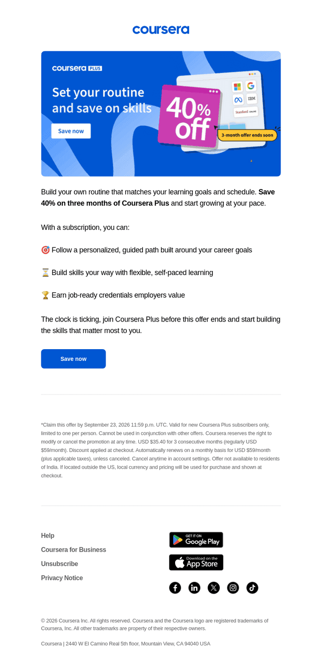 🚨 Don't miss 40% off Coursera Plus