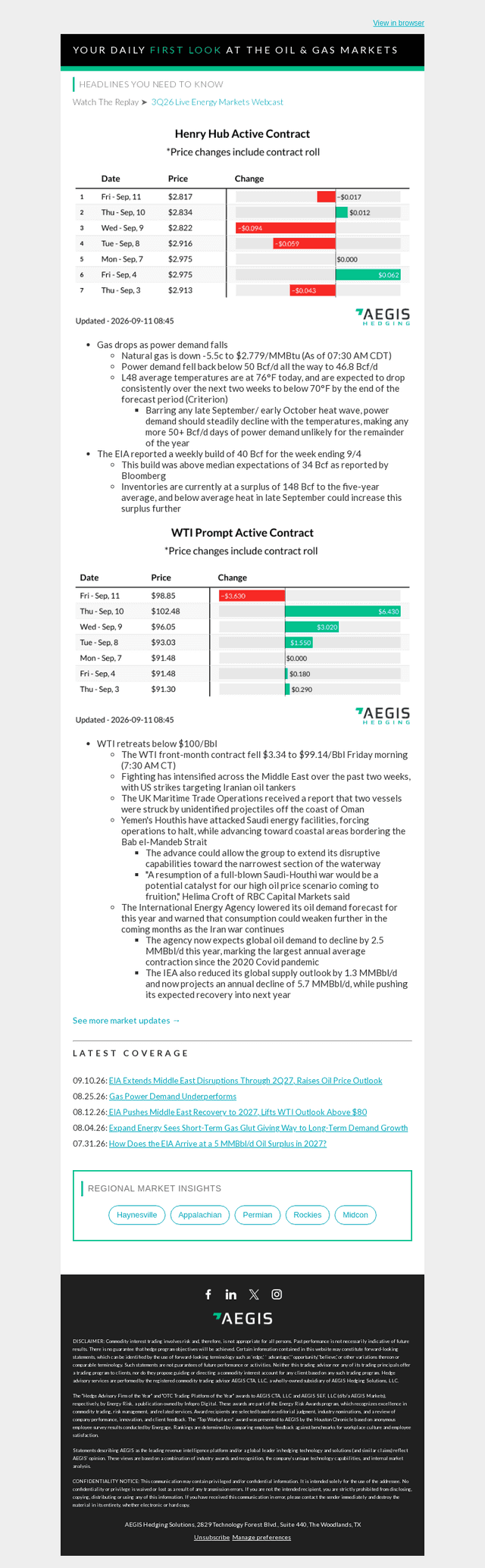 AEGIS Hedging email from Fri, Sep 11, 2026
