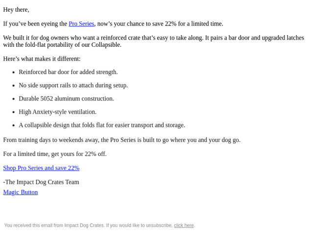 Impact Dog Crates email from Sat, Sep 12, 2026