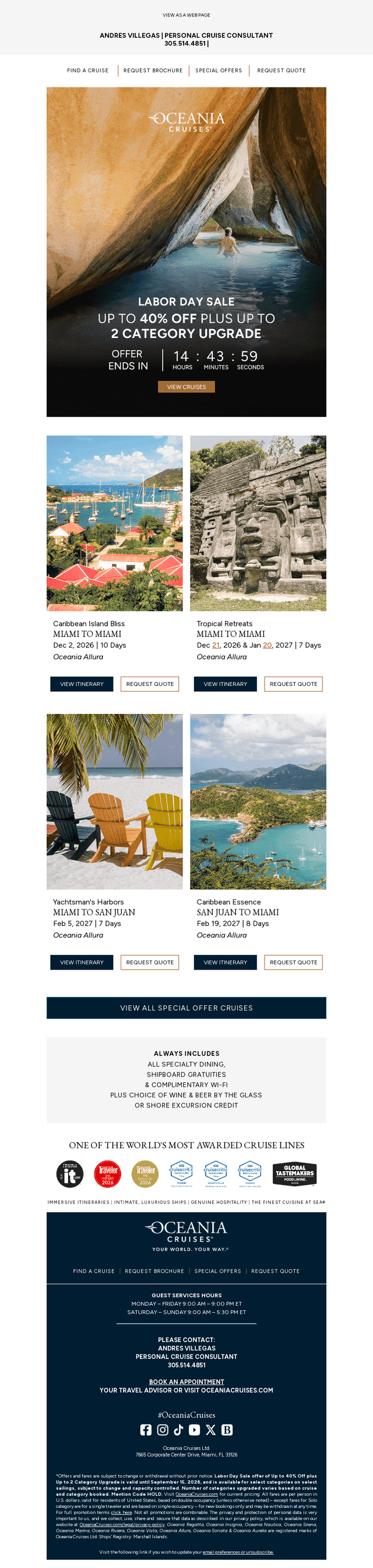Oceania Cruises email from Mon, Sep 14, 2026