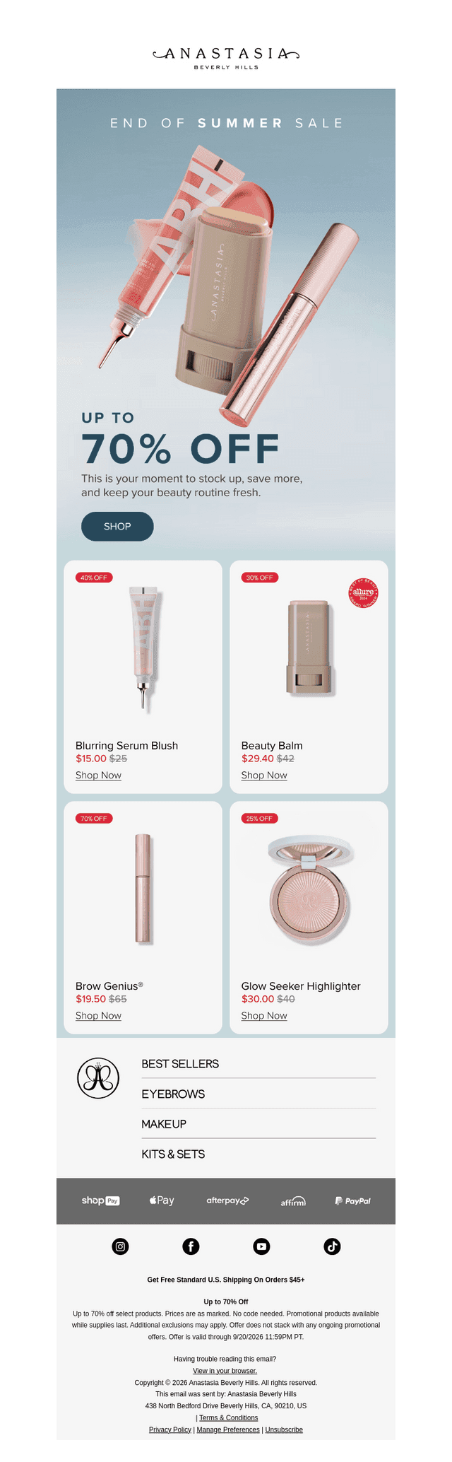 Anastasia Beverly Hills email from Mon, Sep 14, 2026