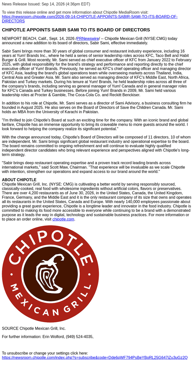 Chipotle Mexican Grill email from Mon, Sep 14, 2026