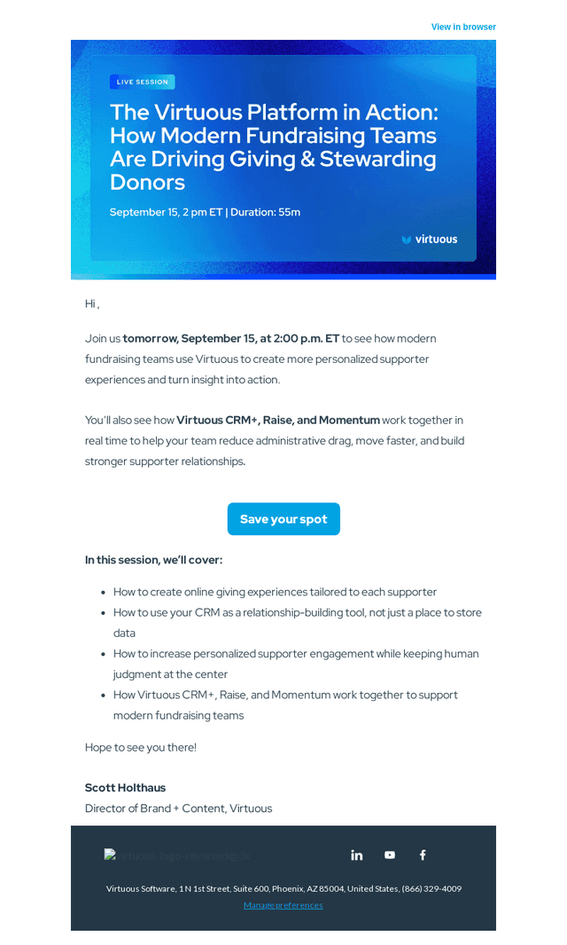 Virtuous Software email from Mon, Sep 14, 2026