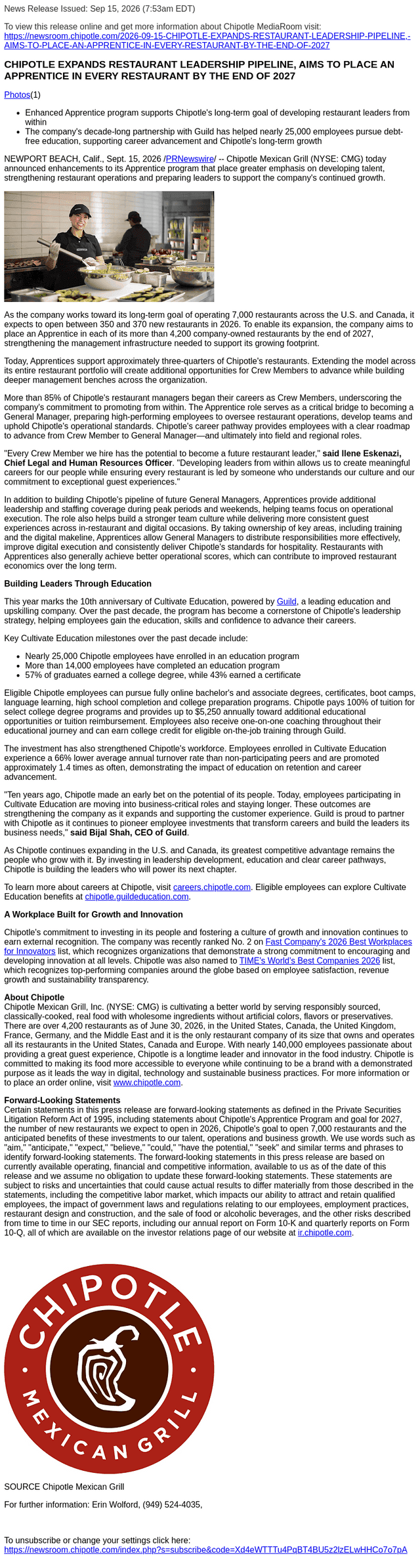 Chipotle Mexican Grill email from Tue, Sep 15, 2026